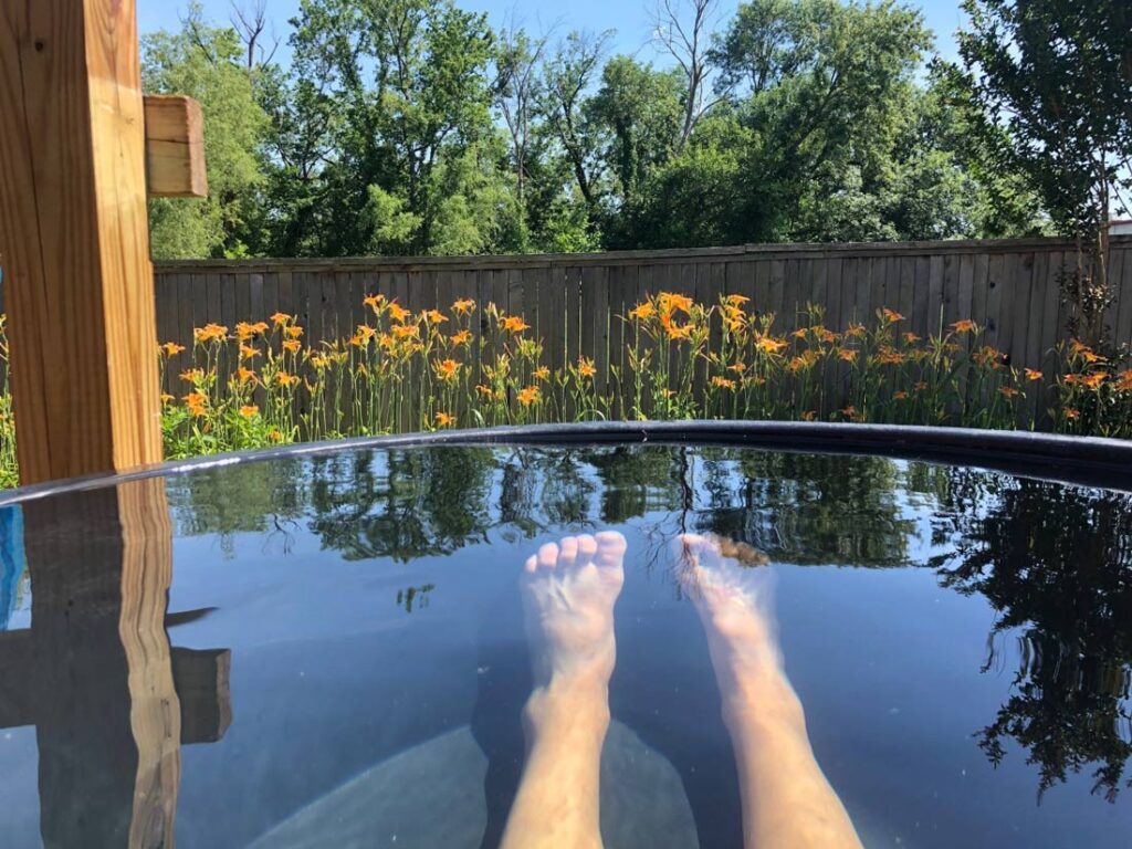 View of the lower portion of two legs under the surface of a metal pool of clear, still water with yellow-orange flowers and a wooden fence in the distance.