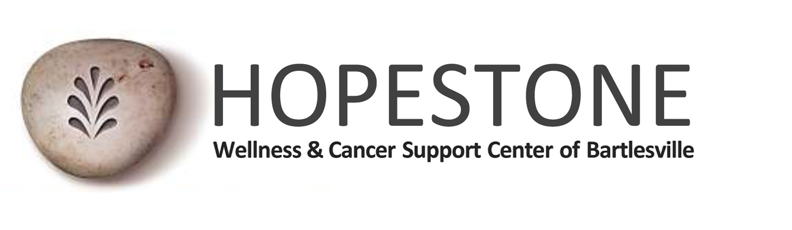 A logo design (created by R. Williams and the Oklahoma design group, Pendergraphics) which features a large pinkish-mauve stone to the far left (etched with an uplifting plant-like symbol, which is followed to the right by the word, HOPESTONE (dark brown lettering, all caps) and the phrase, "Wellness & Cancer Support Center of Bartlesville" underneath.