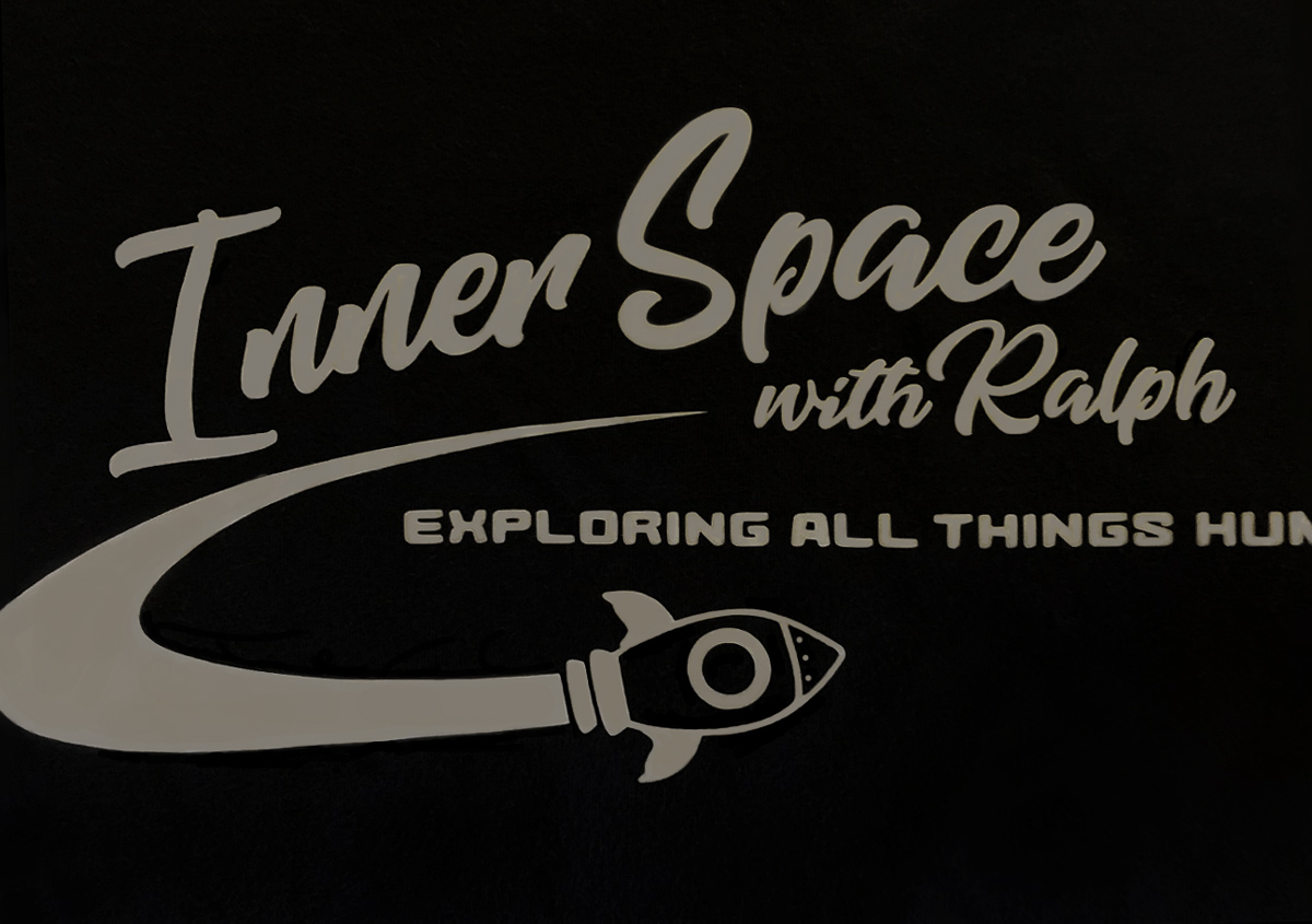 Black t-shirt for Inner Space printed in light-gray.