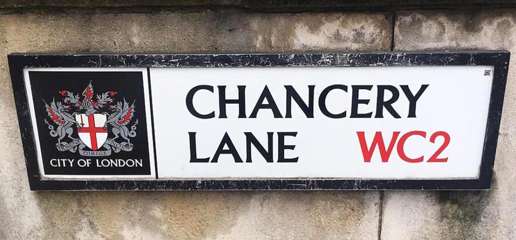 London street sign for CHANCERY LANE.