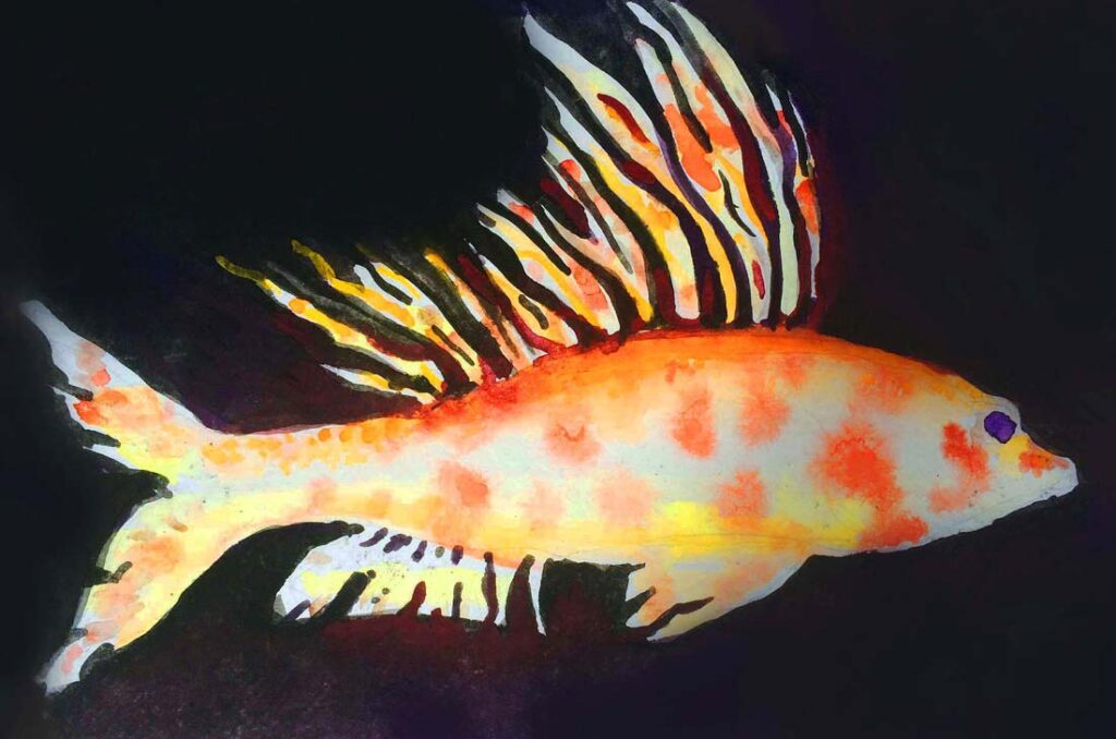 Watercolor painting by Ralph Williams of a goldfish with orange & yellow speckles and a long wavy dorsal fin.