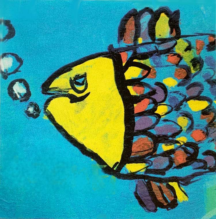 A child's illustration of a yellow-faced fish with colorful scales swimming in blue water, blowing bubbles.