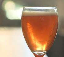 Wine glass filled with amber-colored kombucha.