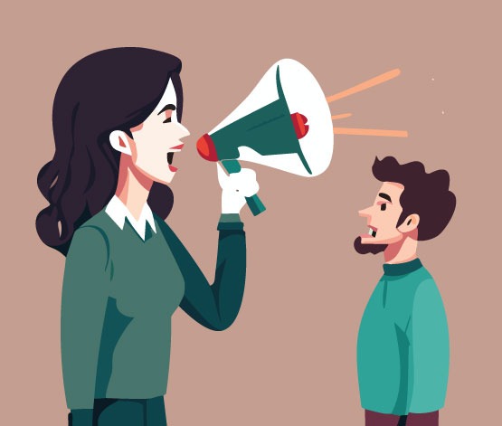 Illustration: a tall woman yells into a bullhorn as a man listens with a pained expression.