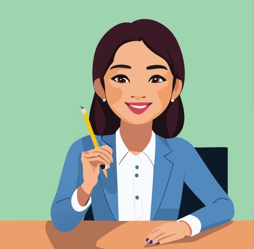 Graphic illustration: a woman sits at a desk and looking calm and happy.