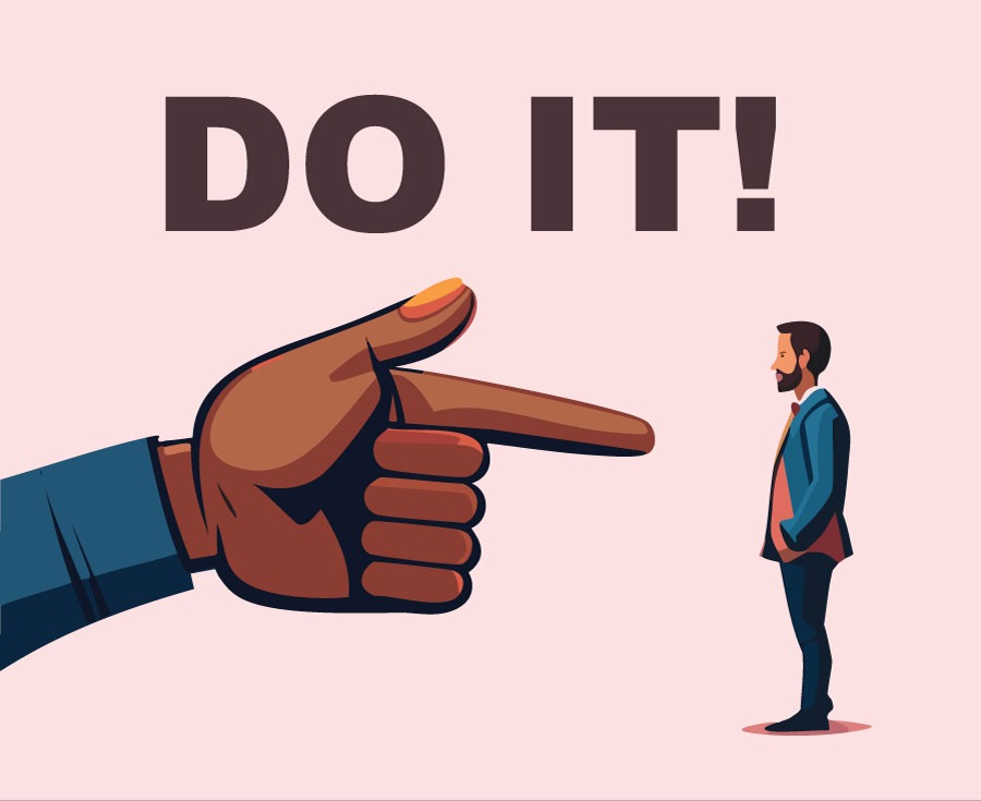 Graphic illustration of a giant hand pointing its index finger toward a tiny man with the phrase "DO IT!" overhead.