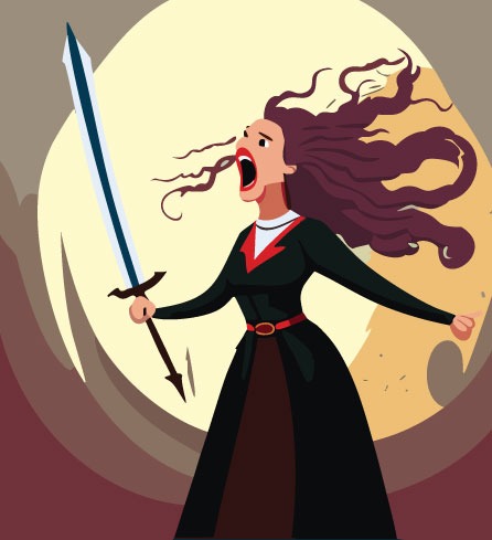 Colorful illustration: a raging woman holds a sword and screams in front of a full moon.