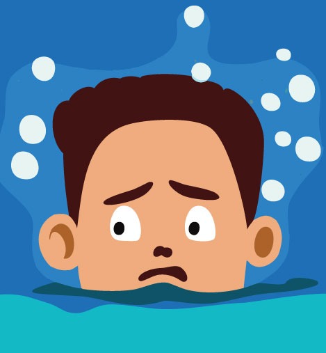 Comic-style illustration: a young man with his head above water looks worried as if the water is rising.