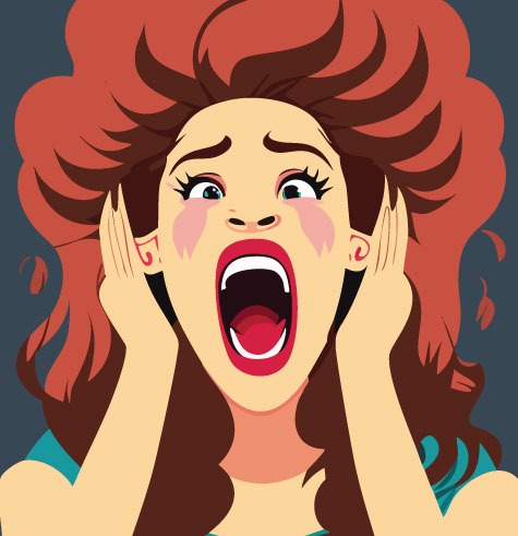 Comic-style illustration: a woman screaming while holding her hands over her ears.