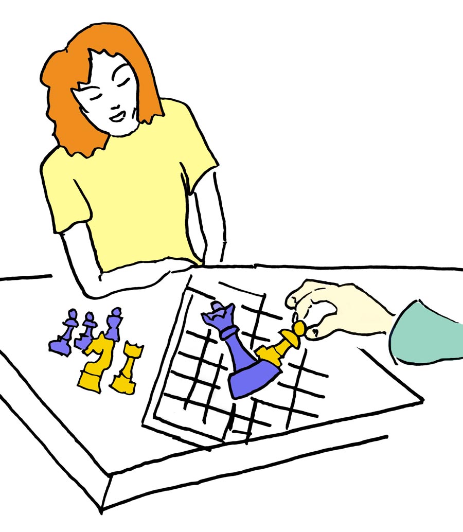Cartoon-like illustration of a woman with burnt-orange hair and wearing a solid pale peach t-shirt sits in front of a chess board with her elbow leaning on the table as a hand reaches forward to knock off (capture) her blue king piece with a yellow pawn.