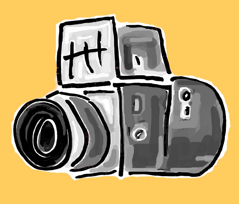 Cartoon-like illustration of a vintage hand-held cameral from the 1970s, set against a solid burnt-orange background.