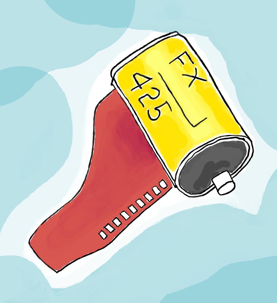 Cartoon-like illustration of a roll of camera film 1970s-80s, featuring a short portion of mauve-colored film sticking out from a yellow canister that is labeled "FX 425", set against a swirly light-blue background.