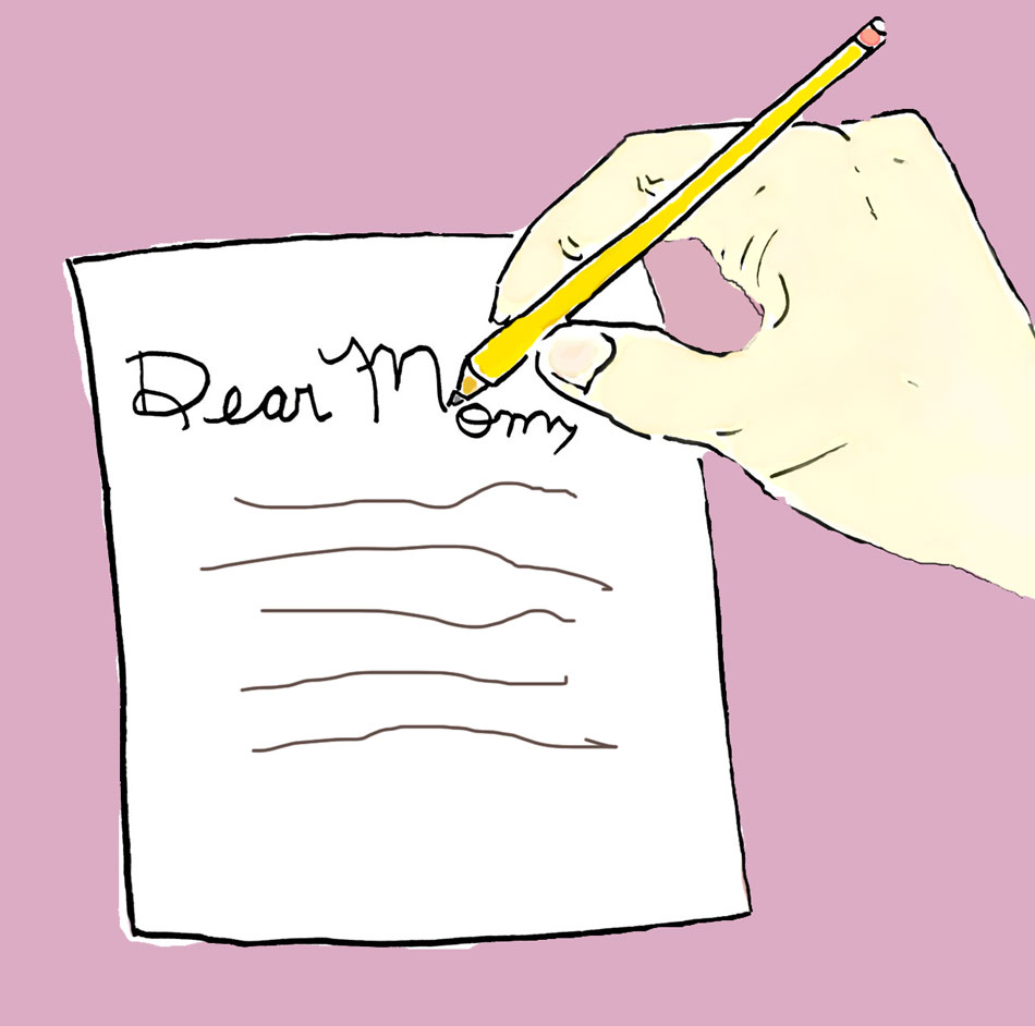 Hand-drawn illustration of a hand writing a letter with "Dear Mom" at the top.