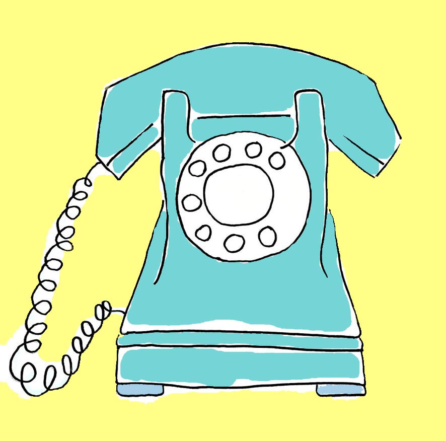 Illustration of a blue desk phone from the 70s-80s with a rotary dial, curly cord, and a hand-held receiver resting in a cradle at the top, set against a solid yellow background.