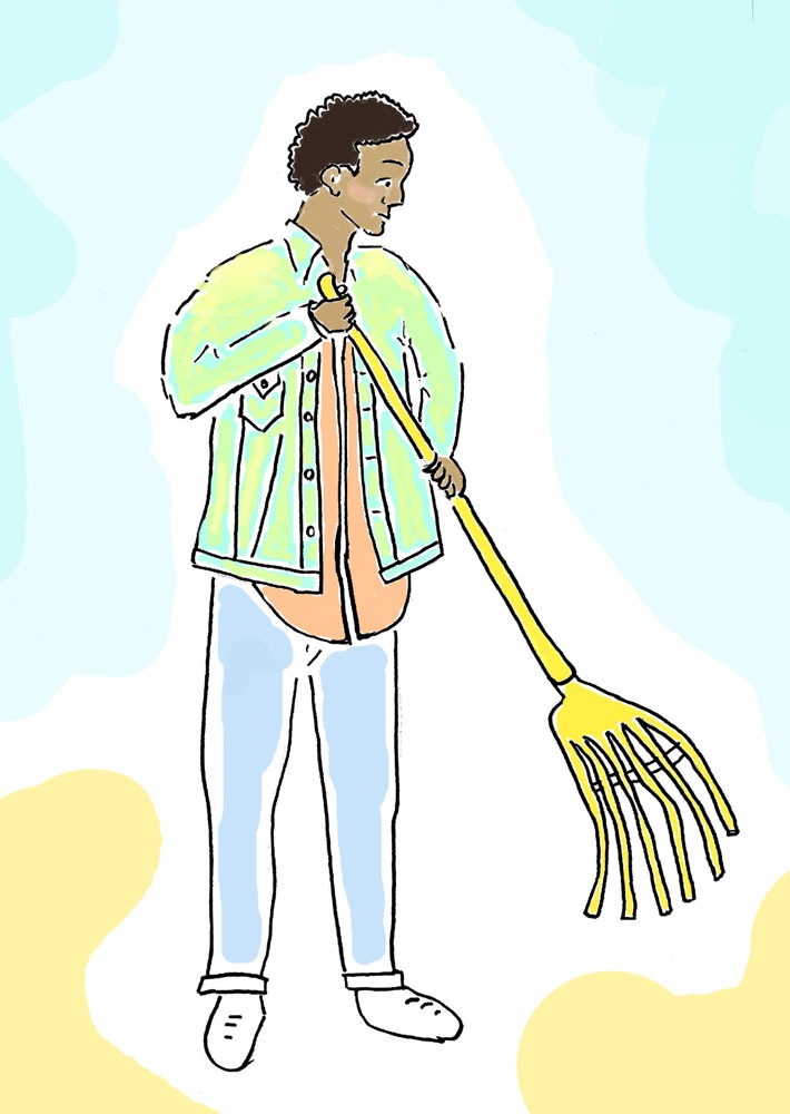 Cartoon-like illustration of a Black man wth dark hair in a pale green jacket, jeans, and a pink shirt, holding a yellow rake with both hands as if raking leaves outside.