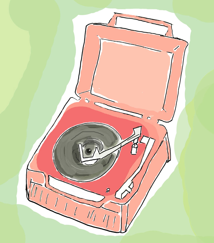 Hand-drawn illustration of an old-fashioned lift-top-record player.