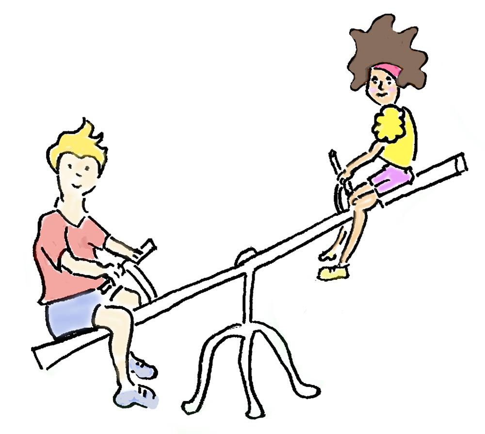 Cartoon-like illustration of a blonde boy in a pink shirt and blue shorts sitting in the "down position" on a seewaw with a young girl with big wavy brown hair in the "up position" and wearing a yellow blouse and pink shorts.