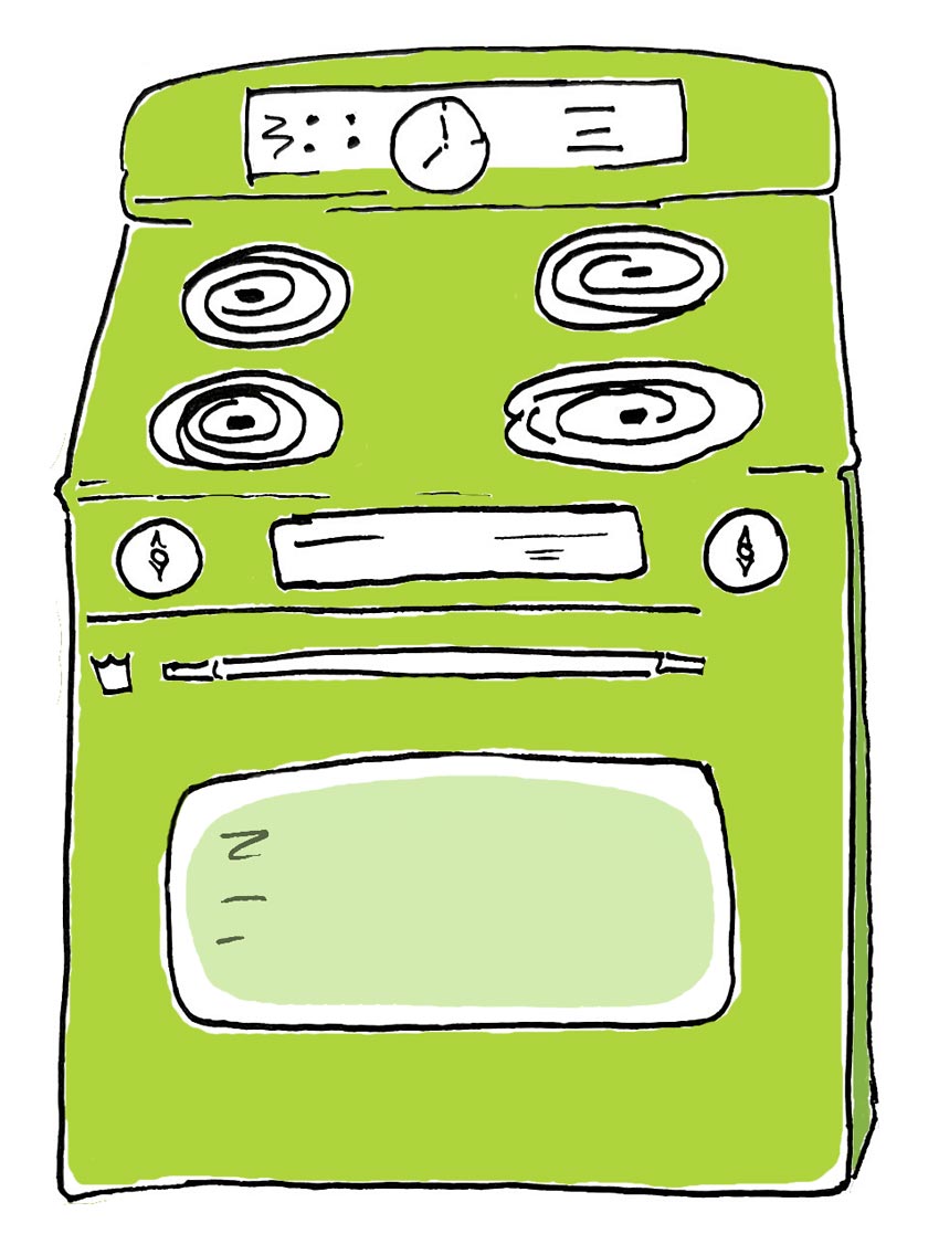 Cartoon-like illustration of a vintage avocado-green stove from the 1970s.