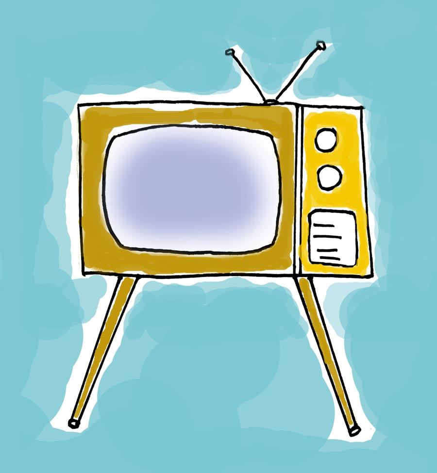 Cartoon-like illustration of a 1960s-style television on thin legs (angling outward) with two round dials on the right side and "rabbit ear" antenna on top.