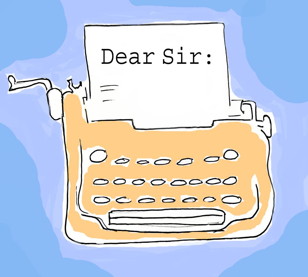 Vintage typewriter in from the 1970s (in pale salmon-pink) with a piece a of white paper inserted in the roller that reads, "Dear Sir" in typewriter print, set against a swirly blue background.