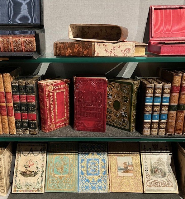A collection of old Irish books with beautiful hardback covers sit on three glass shelves.