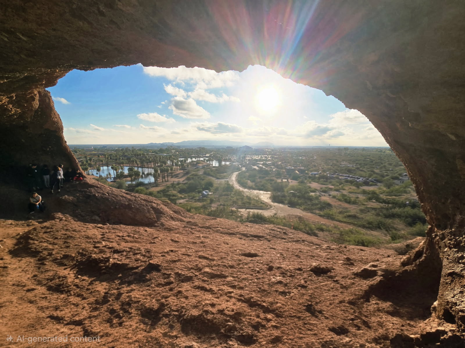 View from inside a reddish and arching rock formation of a bright morning sun over the scrubby Arizona desert.