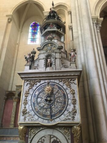 This 14th C astronomical clock, on display within Lyon Cathedral, indicates the changing positions of the sun and moon.