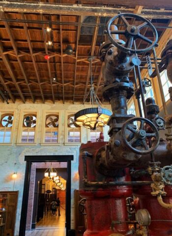 Some of the original machinery from Pearl's Brewery (est. 1881) is on display in the lobby of Hotel Emma, which open in 2015 in San Antonio's historic Pearl District.