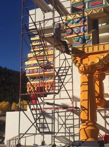 I actually have a fear of heights, but I love working on scaffolding. And on this particular Fall day with the clear skies and the sunshine, it was a joy to be outside working on the decorative details on The Great Stupa of Dharmakaya, a Buddist monument to human kindness in northern Colorado.