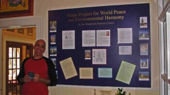 Notice the coffee mug in my hand and the dark circles under my eyes? Yeah, I stayed up most of the night working on this display panel for the now defunct, Shambala Retreat Center in northern Scotland. They wanted to build a stupa (a Buddhist monument), but like so many things, it was a big well-intentioned dream that never came to be.