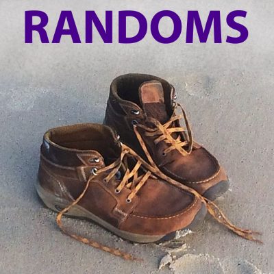 Cover image for the RANDOMS Photo Album featuring a pair of moccosin-style brown shoes on wet packed sand.